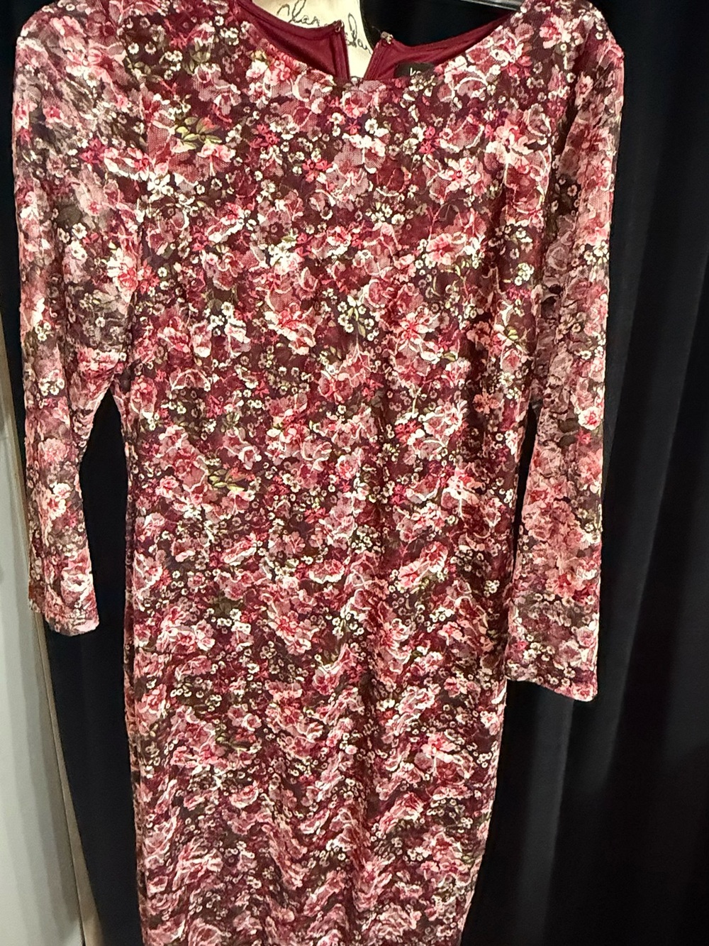 Kensie Floral Long-Sleeve Midi Dress in Burgundy and Pink